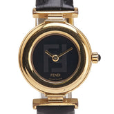 フェンディ FFロゴ ベルト(社外品) 腕時計 320L クオーツ ブラック文字盤 メッキ レザー レディース FENDI 【中古】